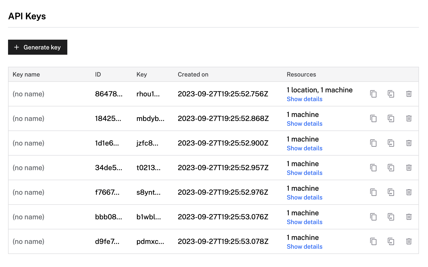 API Keys table