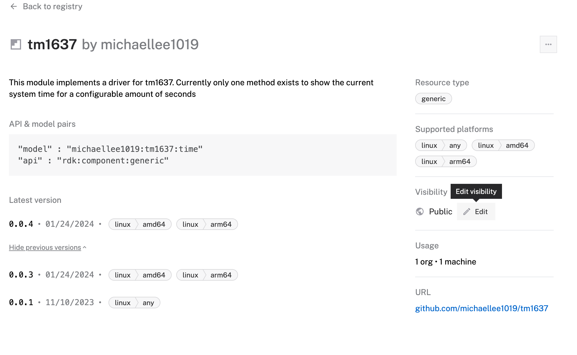 A module page with a Visibility heading on the right side. Under it, an Edit button has appeared.
